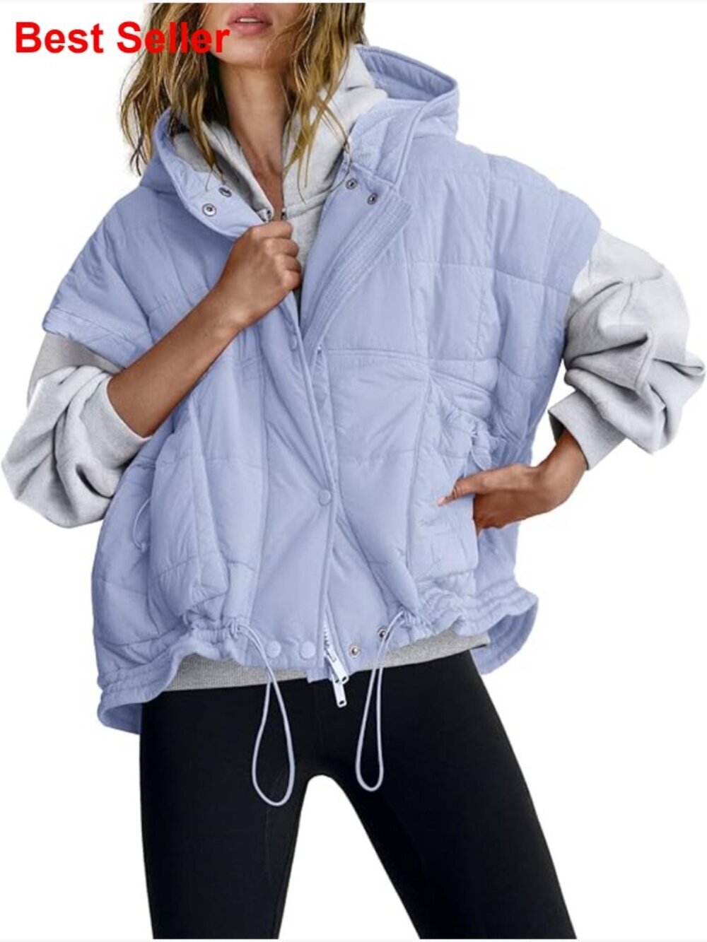 Oversized Puffer Vest with Hood, Quilted Sleeveless Jacket, Button Zip Up
